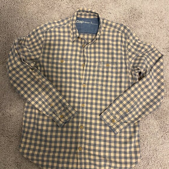 Gap 1969 Men's Plaid Flannel Shirt - Blue & Beige Check, Size Large (Neck 37/16) - Picture 5 of 6